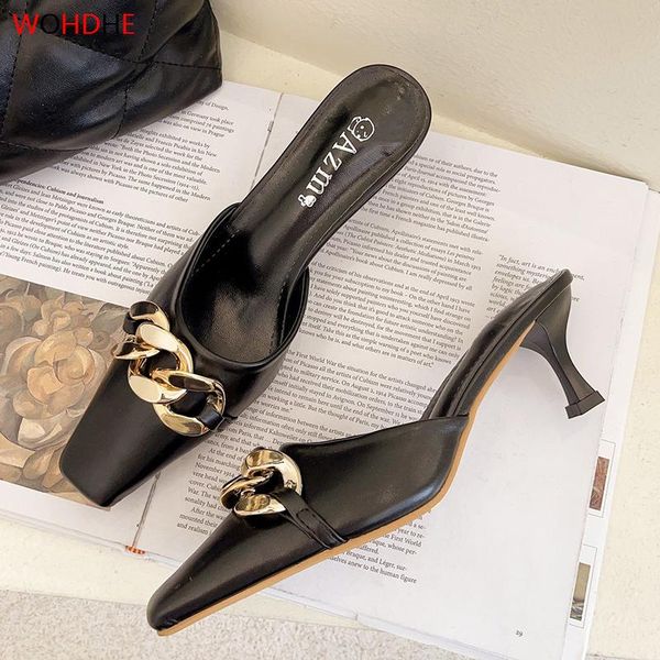 wohdhe fashion cool women mules chain buckle shallow soft leather designer slides ladies elegant thin heels sandals, Black
wohdhe fashion cool women mules chain buckle shallow soft leather designer slides ladies elegant thin heels sandals, Black
