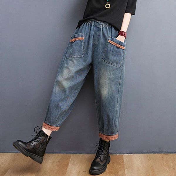 women's pants & capris qpfjqd ladies elastic waist button pockets blue trouser 2021 summer autumn women loose casual calf-length denim, Black;white
women's pants & capris qpfjqd ladies elastic waist button pockets blue trouser 2021 summer autumn women loose casual calf-length denim, Black;white