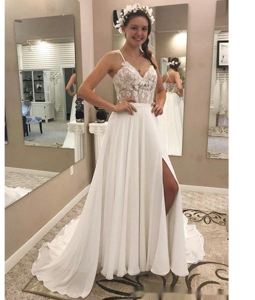 split wedding dress spaghetti straps chiffon bridal gowns criss-cross back court train formal dress vestido de noiva mariee, White
split wedding dress spaghetti straps chiffon bridal gowns criss-cross back court train formal dress vestido de noiva mariee, White