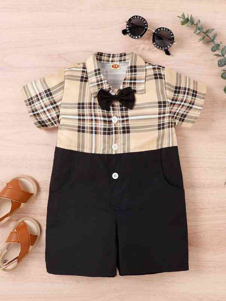 baby bow front plaid romper she, Blue