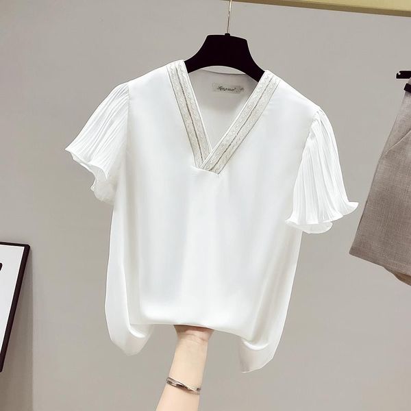 women's blouses & shirts 2021 summer diamond v-neck chiffon shirt ruffled high-end small fashion short-sleeved blouse, White
women's blouses & shirts 2021 summer diamond v-neck chiffon shirt ruffled high-end small fashion short-sleeved blouse, White