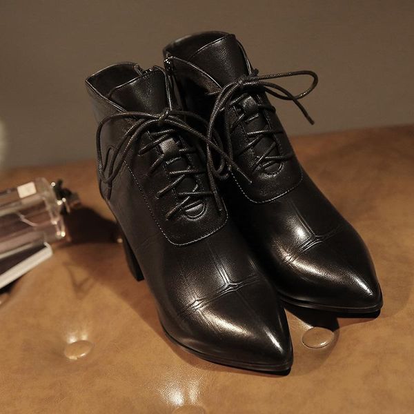 boots genuine cow leather with pointed toe thick heel british style lace-up platform high ankle, Black
boots genuine cow leather with pointed toe thick heel british style lace-up platform high ankle, Black