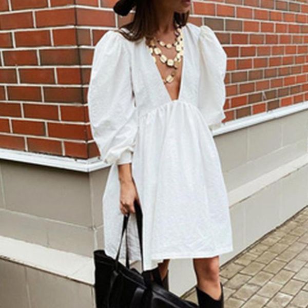 party dresses women's dress cute puff sleeve white cotton ladies fashion v neck loose casual female flare clothing holiday style 2021, White;black 
party dresses women's dress cute puff sleeve white cotton ladies fashion v neck loose casual female flare clothing holiday style 2021, White;black