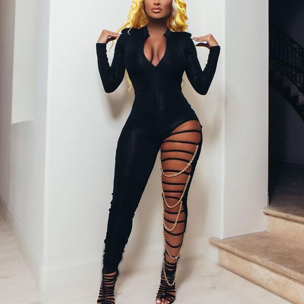 women's jumpsuits & rompers women long sleeve black jumpsuit zipper front holes with chain romper nigh club party clothes, Black;white
women's jumpsuits & rompers women long sleeve black jumpsuit zipper front holes with chain romper nigh club party clothes, Black;white