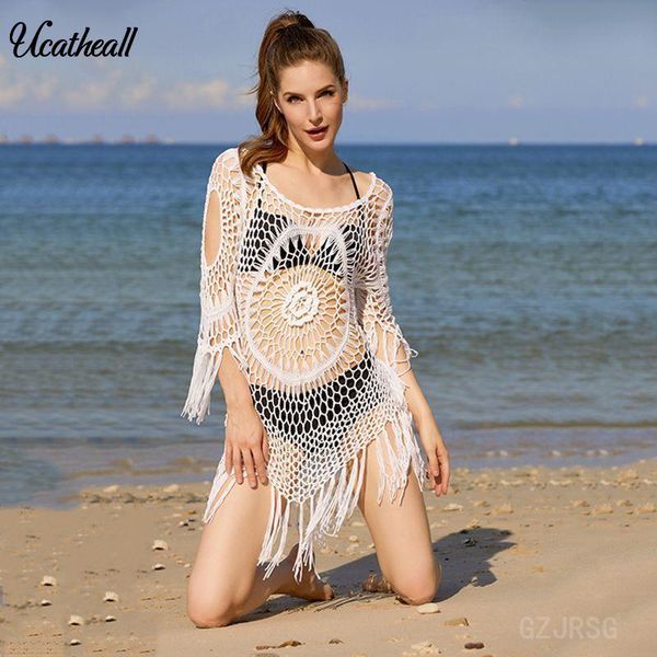 women's swimwear 2021 summer knitted hollow hook swimming cover up women round neck bikini sunscreen tassel beach dress, White;black
women's swimwear 2021 summer knitted hollow hook swimming cover up women round neck bikini sunscreen tassel beach dress, White;black