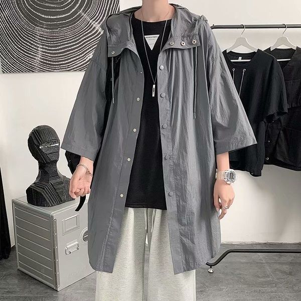 men's jackets summer thin fashion solid color casual hooded men streetwear korean style loose short-sleeved long coat mens, Black;brown
men's jackets summer thin fashion solid color casual hooded men streetwear korean style loose short-sleeved long coat mens, Black;brown