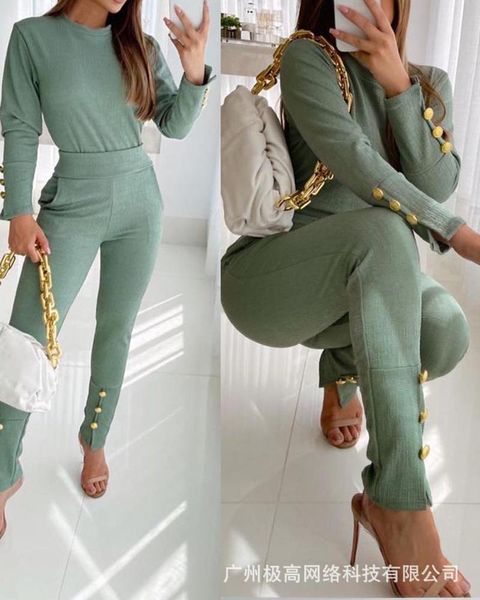 women's two piece pants 2 set 2021 autumn and winter leisure metal button decorative tight suit, White
women's two piece pants 2 set 2021 autumn and winter leisure metal button decorative tight suit, White