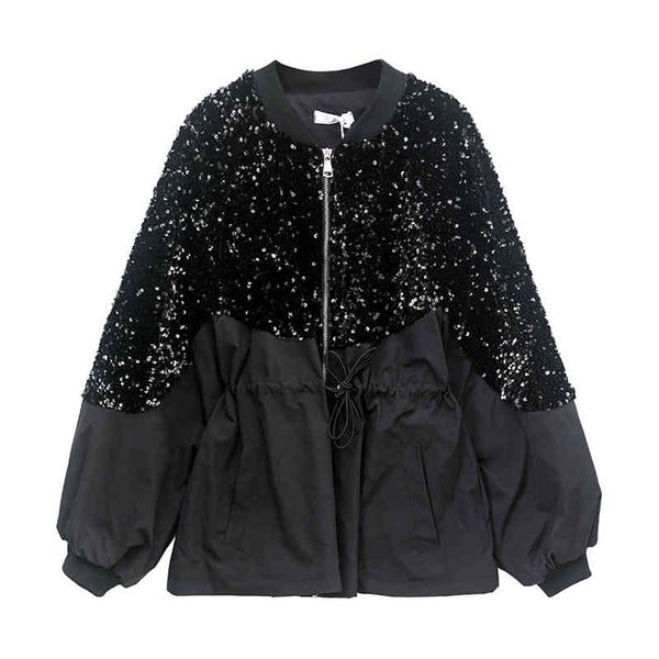 women black patchwork jacket long sleeve lace-up zipper windbreaker sequined c0456 210514, Black;brown
women black patchwork jacket long sleeve lace-up zipper windbreaker sequined c0456 210514, Black;brown