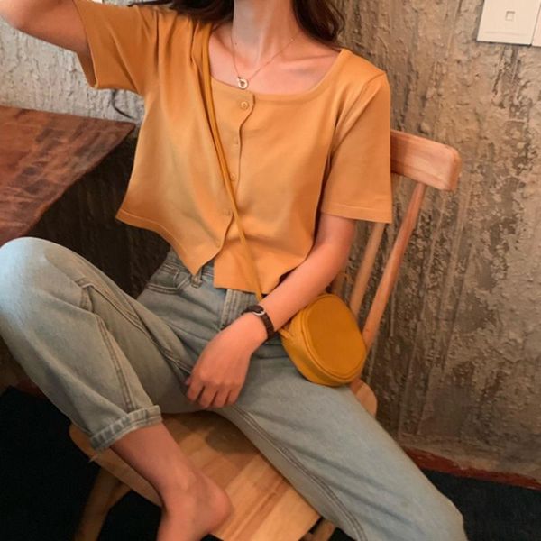 women's t-shirt women spring summer square collarshort sleeve casual crop shirt solid button tee mujer 2021, White 
women's t-shirt women spring summer square collarshort sleeve casual crop shirt solid button tee mujer 2021, White