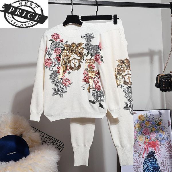 women's two piece pants 2021 autumn women winter set korean sequin embroidery flower loose knitted sweater + harem, White
women's two piece pants 2021 autumn women winter set korean sequin embroidery flower loose knitted sweater + harem, White