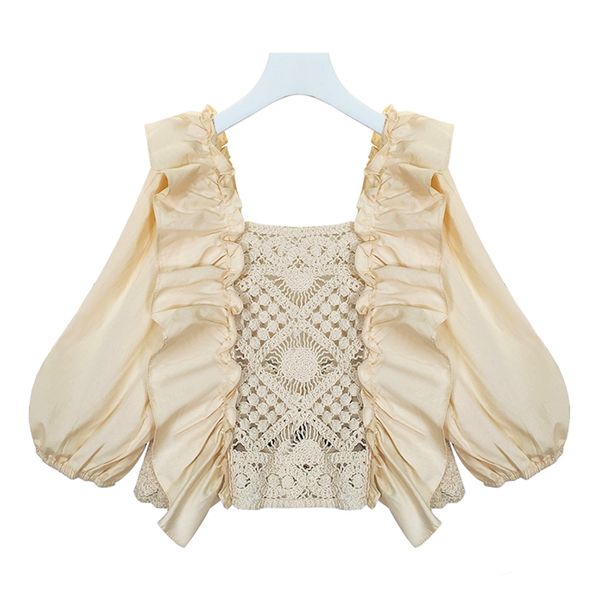 women beige white solid shirt slash neck short sleeve spring summer puff lace hollow out blouse b0640 210514
women beige white solid shirt slash neck short sleeve spring summer puff lace hollow out blouse b0640 210514