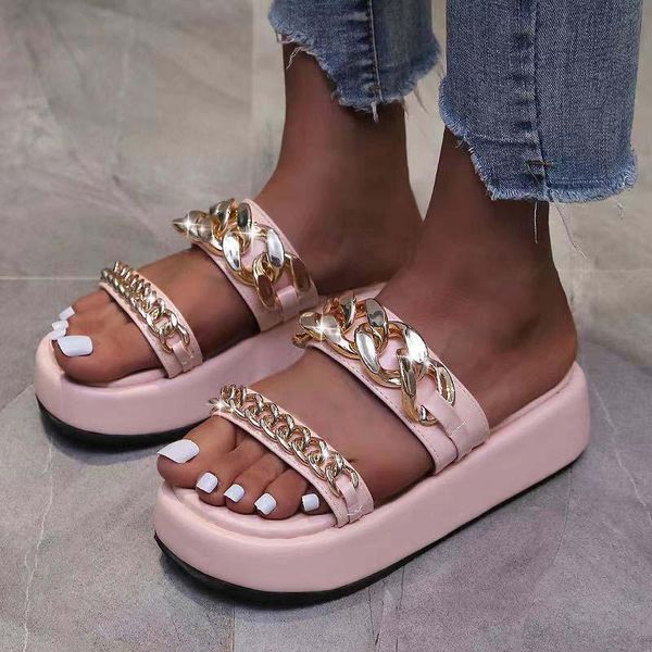 slippers 2021 arrival woman sandals slip on golden chain pu leather open toe thick bottom platform solid women beach slides, Black
slippers 2021 arrival woman sandals slip on golden chain pu leather open toe thick bottom platform solid women beach slides, Black
