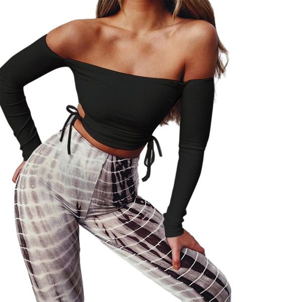 women's t-shirt fashion off-shoulder long sleeve drawstring lace up slim fit vintage solid color elegant party t shirt, White 
women's t-shirt fashion off-shoulder long sleeve drawstring lace up slim fit vintage solid color elegant party t shirt, White