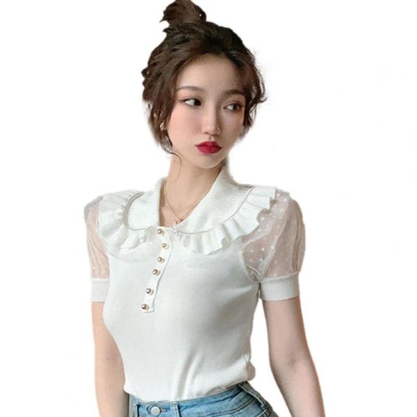 women's t-shirt fashion summer women doll collar faux pearl buttons mesh stitching short sleeve yarn 2021, White
women's t-shirt fashion summer women doll collar faux pearl buttons mesh stitching short sleeve yarn 2021, White