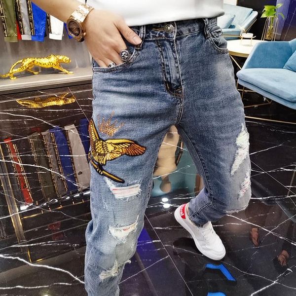 men's jeans street brand gold eagle sequin for men 2021 slim fashion hip hop ripped spring autum denim designer pants, Blue
men's jeans street brand gold eagle sequin for men 2021 slim fashion hip hop ripped spring autum denim designer pants, Blue