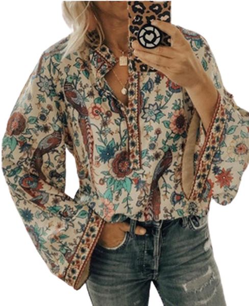 women summer bohemian v-neck print blouse long flare sleeve polyester regular length fashion women's blouses & shirts, White
women summer bohemian v-neck print blouse long flare sleeve polyester regular length fashion women's blouses & shirts, White