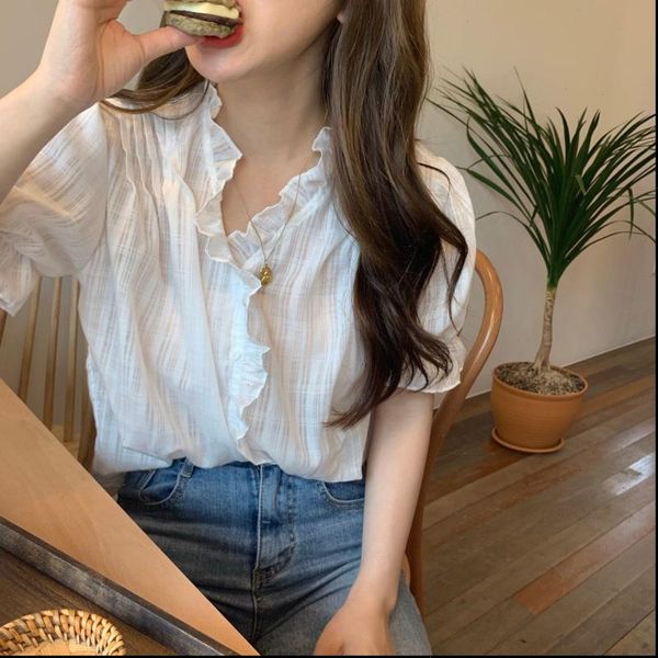 white ruffles summer flare womens shirt short sleeve vintage elegant v neck korean shirts single breasted v152
white ruffles summer flare womens shirt short sleeve vintage elegant v neck korean shirts single breasted v152