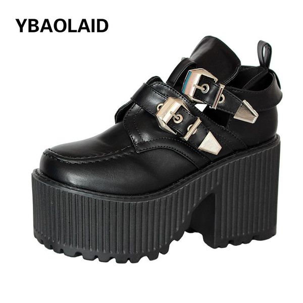dress shoes british style genuine leather platform metal buckle high heel single 2021 punk rivet square toe hollow trend pumps, Black