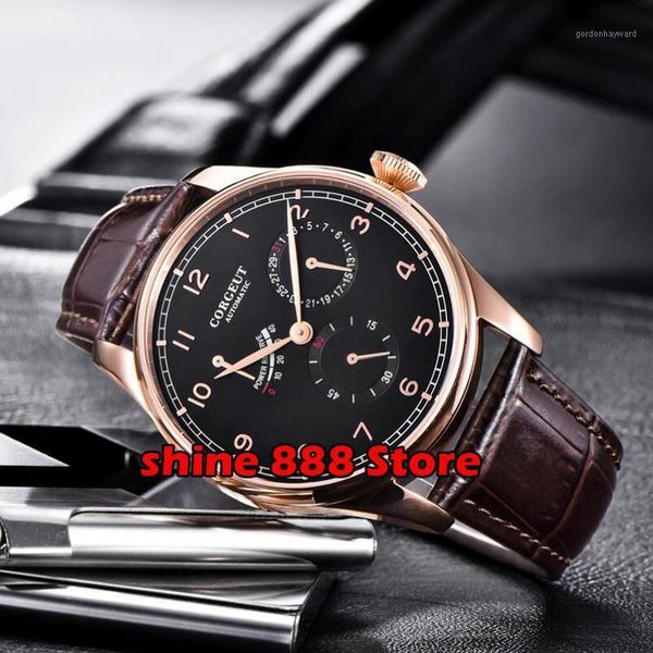 corgeut 42mm leather power reserve automatic calendar mechanical watches rosegold hollow case luxury men watch wristwatches, Slivery;brown
corgeut 42mm leather power reserve automatic calendar mechanical watches rosegold hollow case luxury men watch wristwatches, Slivery;brown