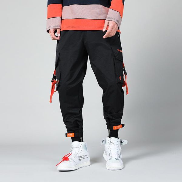 men's pants tech wear men cargo hip ribbon hi-street trousers ankle, Black