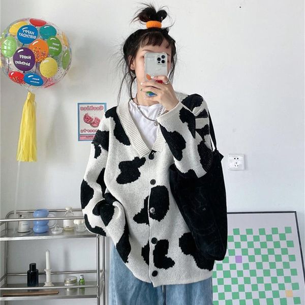 women's knits & tees fashion autumn lazy retro loose jacquard v neck long sleeve cow knitted sweater jacket pull japan sweet jumpers ca, White
women's knits & tees fashion autumn lazy retro loose jacquard v neck long sleeve cow knitted sweater jacket pull japan sweet jumpers ca, White