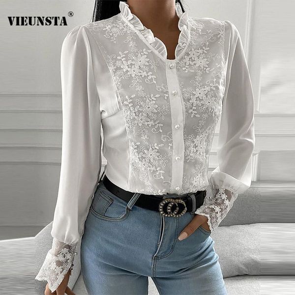 women's blouses & shirts embroidery flower lace women buttoned stand collar ruffle 2021 spring autumn long sleeve patchwork blusa, White
women's blouses & shirts embroidery flower lace women buttoned stand collar ruffle 2021 spring autumn long sleeve patchwork blusa, White