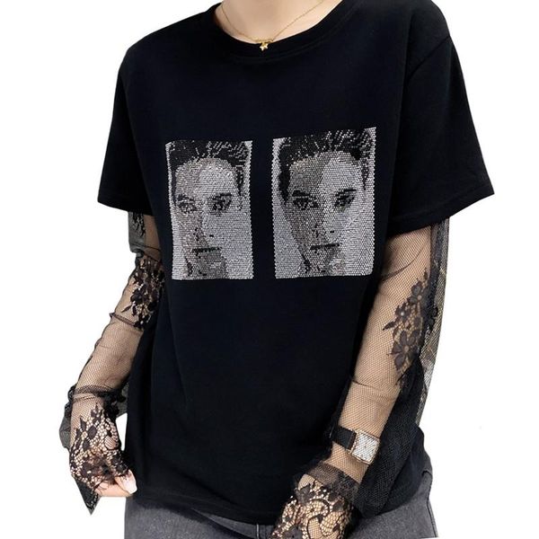 women's t-shirt summer all cotton stitching lace long sleeves women t shirt drilling character avatar fake two tees black female, White
women's t-shirt summer all cotton stitching lace long sleeves women t shirt drilling character avatar fake two tees black female, White