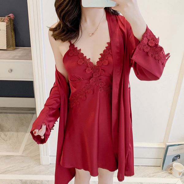 pyjamas lace fashion woman robe set satin v-neck bathrobe twinset xf75, Black;white
pyjamas lace fashion woman robe set satin v-neck bathrobe twinset xf75, Black;white