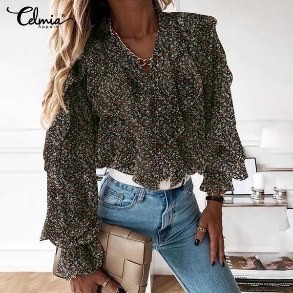 women's blouses & shirts v-neck long sleeve celmia 2021 spring floral print ruffled elegant office shirt casual loose blusas, White
women's blouses & shirts v-neck long sleeve celmia 2021 spring floral print ruffled elegant office shirt casual loose blusas, White