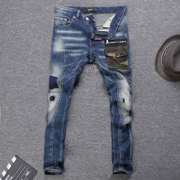 men's jeans streetwear fashion men retro blue elastic slim fit ripped pocket patched designer hip hop denim punk biker pants
men's jeans streetwear fashion men retro blue elastic slim fit ripped pocket patched designer hip hop denim punk biker pants