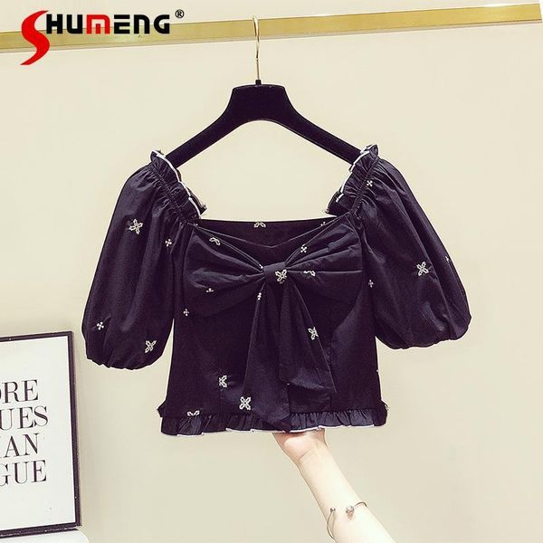 women's blouses & shirts ladies floral embroidery puff short sleeve and fashion bow square collar shirt summer 2021 black top, White
women's blouses & shirts ladies floral embroidery puff short sleeve and fashion bow square collar shirt summer 2021 black top, White