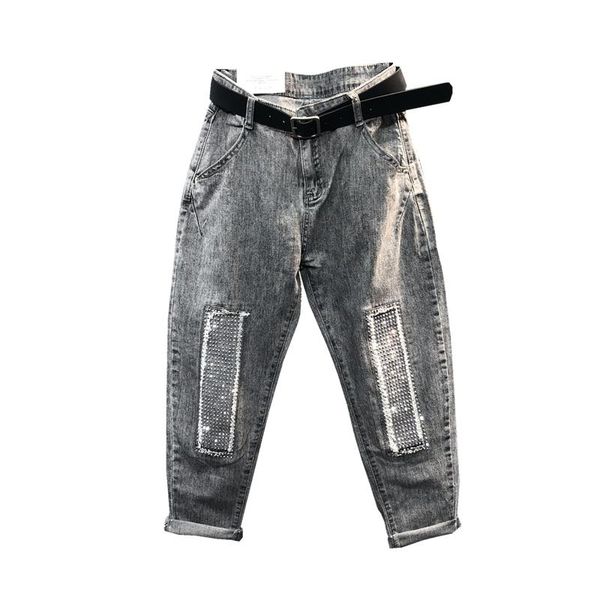 women's jeans nail bead women harem pants high waist ankle-length ladies streetwear style casual l148, Blue
women's jeans nail bead women harem pants high waist ankle-length ladies streetwear style casual l148, Blue