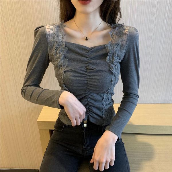 women's t-shirt 2021 spring clavicle heart machine design sensuous lace splicing temperament square collar long sleeve top, White
women's t-shirt 2021 spring clavicle heart machine design sensuous lace splicing temperament square collar long sleeve top, White