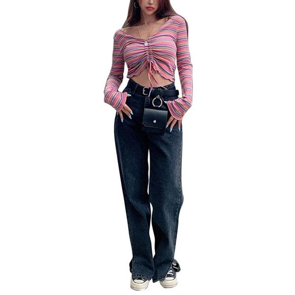 women's t-shirt autumn casual color stripes drawstring crop long sleeve v neck striped print knit short navel tee shirt, White
women's t-shirt autumn casual color stripes drawstring crop long sleeve v neck striped print knit short navel tee shirt, White