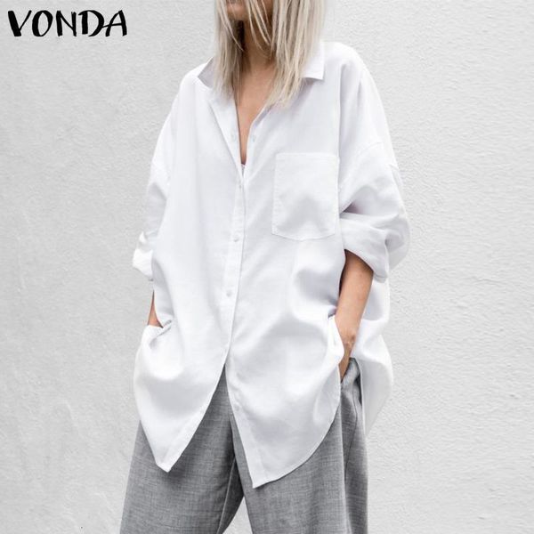 blouses lapel collar tunic women casual cotton blouse long sleeve solid shirts 2021 vonda plus size feamle s-5xl, White