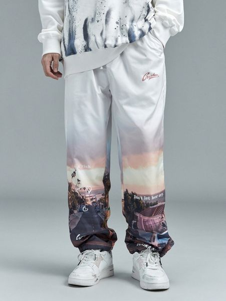 men letter and landscape print pants v8gs#, Black
