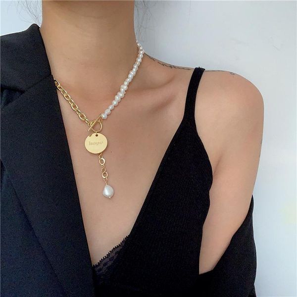 trendy natural freshwater pearls asymmetry metal chain clavicle chokers necklaces ot buckle for women jewelry pendant, Silver 
trendy natural freshwater pearls asymmetry metal chain clavicle chokers necklaces ot buckle for women jewelry pendant, Silver