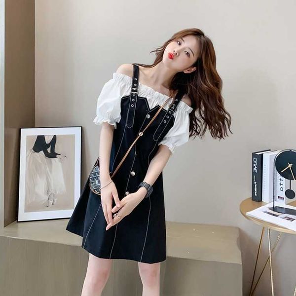 summer 2021 korean french strap girl's feeling wearing bubble sleeve drs and two fake skirts, Black
summer 2021 korean french strap girl's feeling wearing bubble sleeve drs and two fake skirts, Black