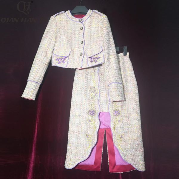 two piece dress qian han zi 2021 fashion runway set women long sleeve buttoned short coat+embroidered high split bodycon midi skirt 2, White 
two piece dress qian han zi 2021 fashion runway set women long sleeve buttoned short coat+embroidered high split bodycon midi skirt 2, White