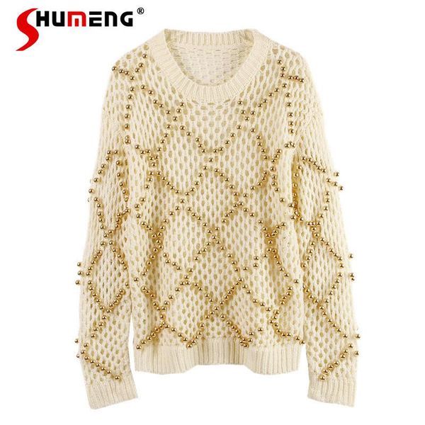 women's sweaters streetwear sweater women 2021 autumn heavy industry pearl beaded black loose lady's hollow jumper pullovers top, White;black
women's sweaters streetwear sweater women 2021 autumn heavy industry pearl beaded black loose lady's hollow jumper pullovers top, White;black