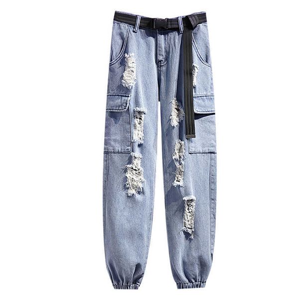 spring loose bf holes cargo pants female plus size 2xl belt jeans high waist cropped harem 210531, Blue
spring loose bf holes cargo pants female plus size 2xl belt jeans high waist cropped harem 210531, Blue