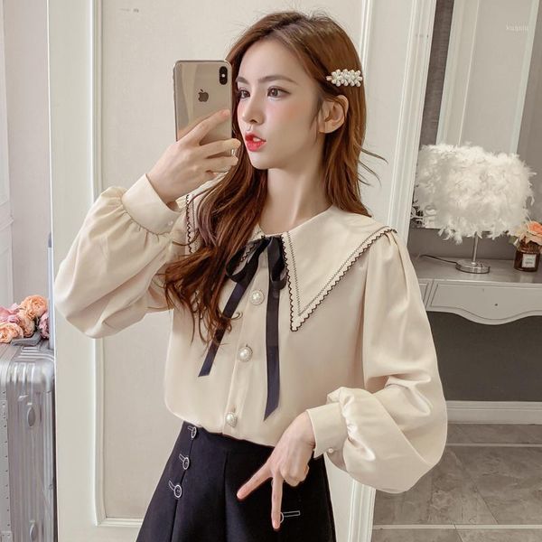 women's blouses & shirts korean style peter-pan collar bowknot long bubble sleeved shirt preppy lapel, White
women's blouses & shirts korean style peter-pan collar bowknot long bubble sleeved shirt preppy lapel, White