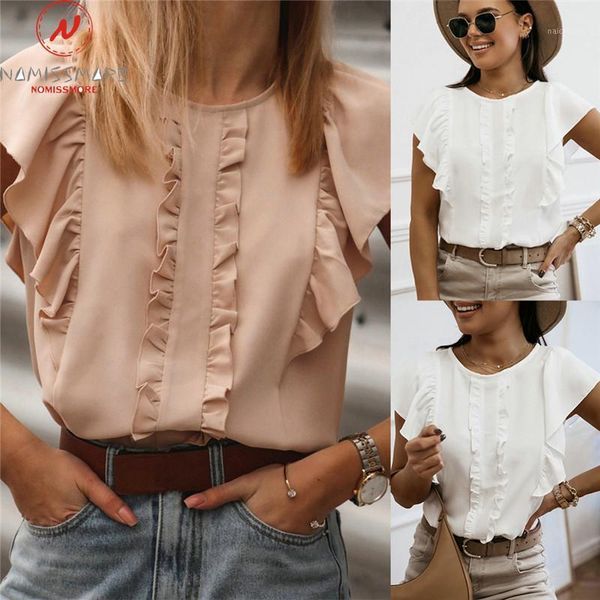 women's t-shirt fashion women summer ruffles sleeve t-shirts hollow out patchwork design button decor o-neck short solid slim top, White
women's t-shirt fashion women summer ruffles sleeve t-shirts hollow out patchwork design button decor o-neck short solid slim top, White