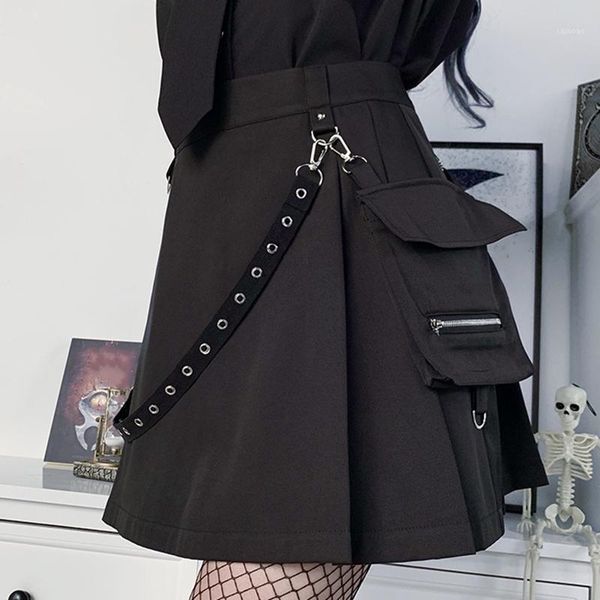 women gothic mini high waist skirt punk stree style irregular pleated safari a-line chain zipper pockets skirts, Black
women gothic mini high waist skirt punk stree style irregular pleated safari a-line chain zipper pockets skirts, Black