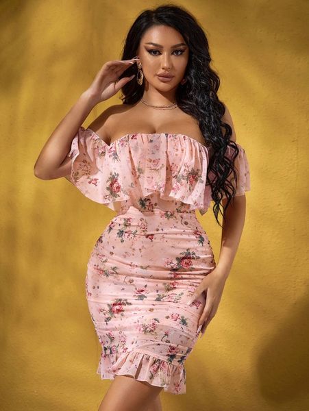 sxy floral print off shoulder ruffle trim dress l8cj#, Black;gray