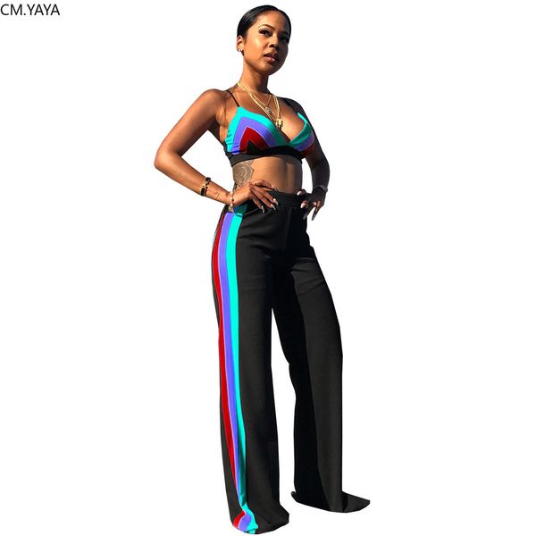 women summer colorful striped print two piece set spaghetti strap crop straight pants suit sports trasuit outfitby air, White
women summer colorful striped print two piece set spaghetti strap crop straight pants suit sports trasuit outfitby air, White