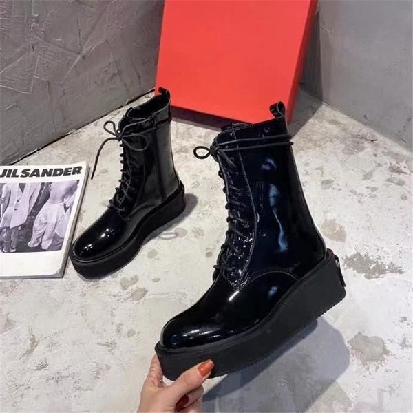 shoes ankle women boots lace up thick sole genuine patent leather female shoe autumn winter solid color, Black
shoes ankle women boots lace up thick sole genuine patent leather female shoe autumn winter solid color, Black