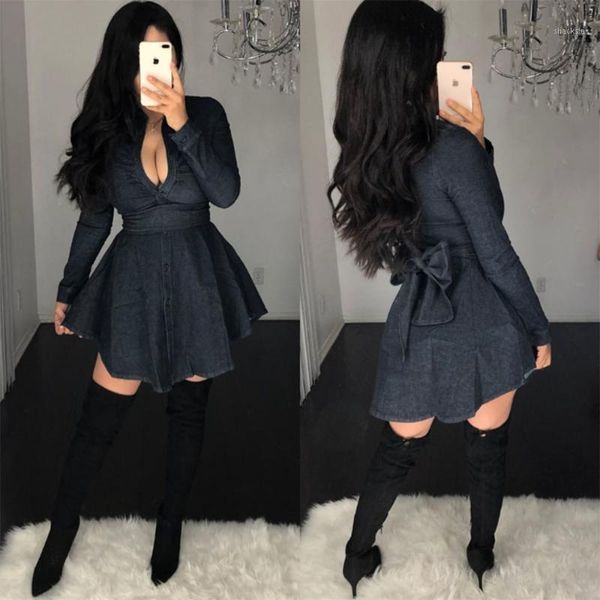 retro deep v belt with bow tie fashion casual denim mini dress black women long sleeve shirt dresses, Black;gray
retro deep v belt with bow tie fashion casual denim mini dress black women long sleeve shirt dresses, Black;gray