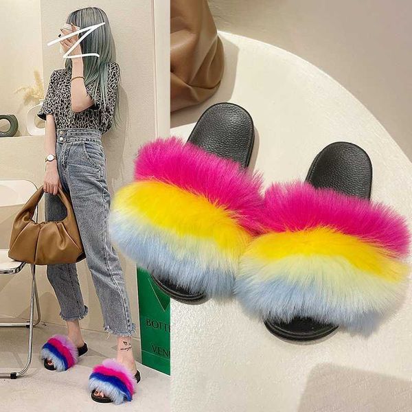 rainbow plush slippers women's fashion flat bottom, Black 
rainbow plush slippers women's fashion flat bottom, Black