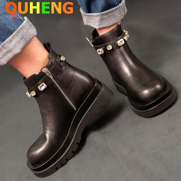 boots platform women's 2021 autumn genuine leather round head ankle rhinestone flat short, Black